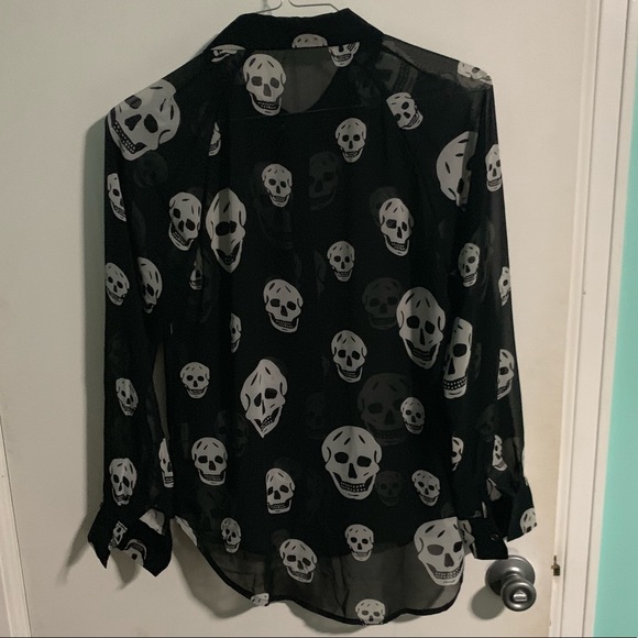 Skull Pattern Black Sheer Button Down Top - Picture 3 of 3